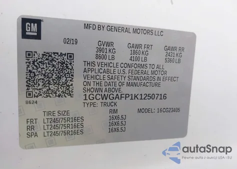 2019 Chevrolet Express 2500 Work Van from USA, damaged, VIN 1GCWGAFP1K1250716